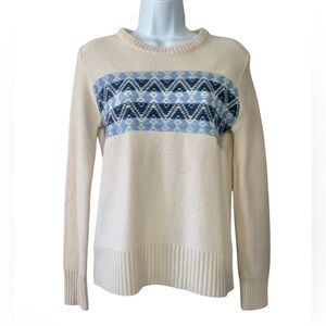 Happy Sheep Women's Cream and Blue Fair Isle 100% Cashmere Crew Sweater- Small